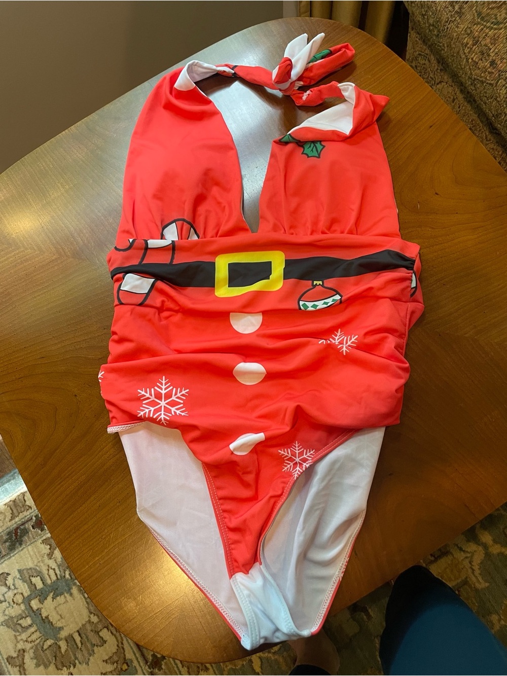 Red Holiday One-Piece Swimsuit with Santa Print